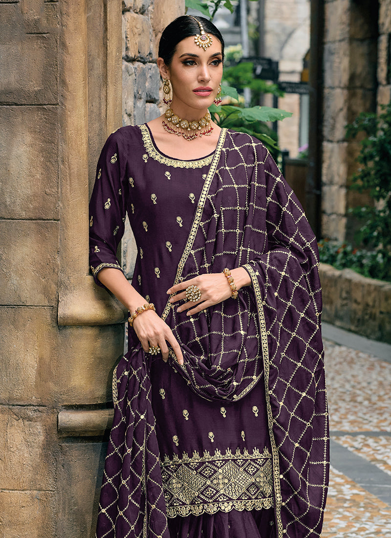 Purple Sequence Embroidery Traditional Sharara Suit