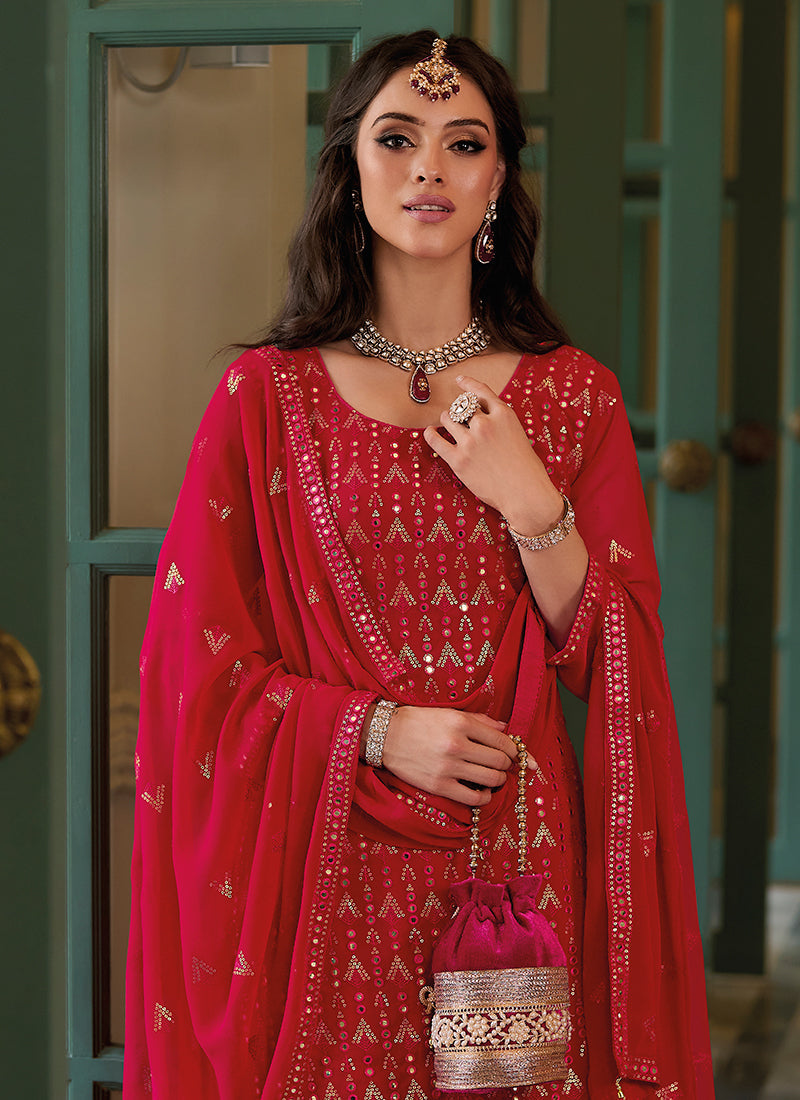 Red Mirror Work Embroidered Festive Sharara Style Suit