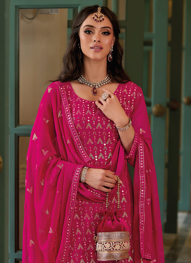 Pink Mirror Work Embroidered Festive Sharara Style Suit