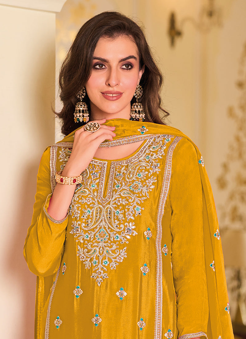 Yellow Crystal Stone Embroidery Pant Style Suit