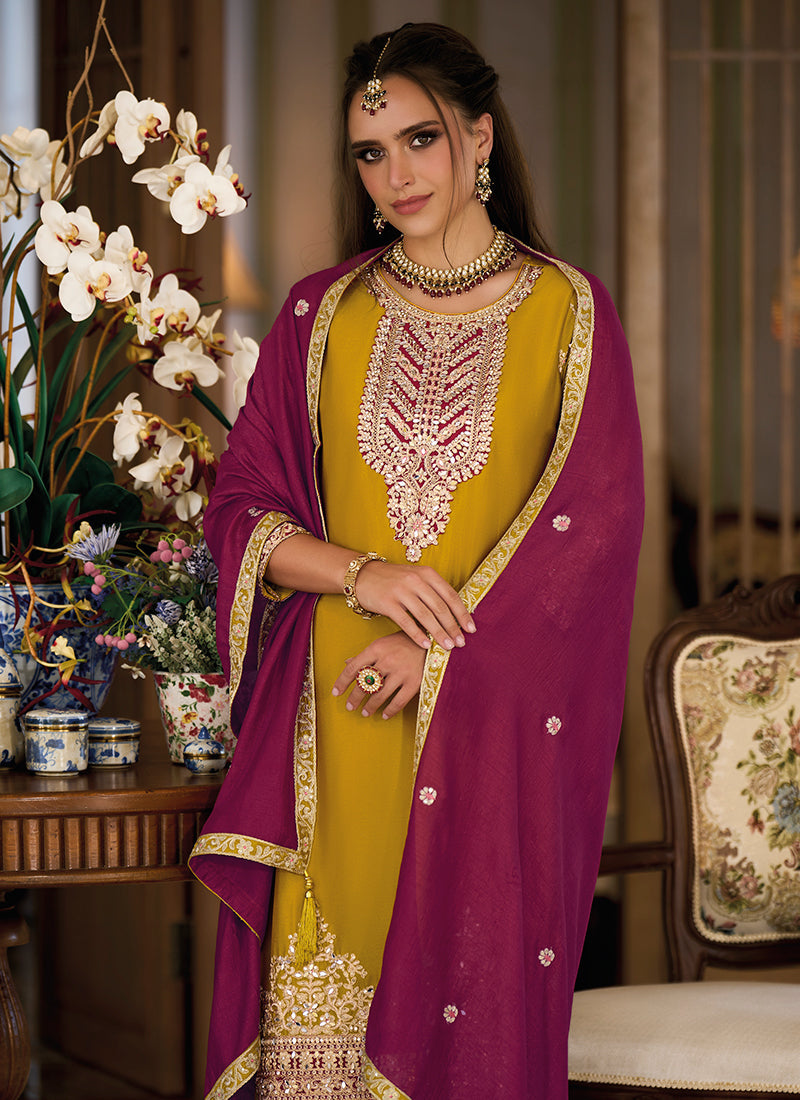 Yellow And Wine Designer Embroidery Salwar Kameez