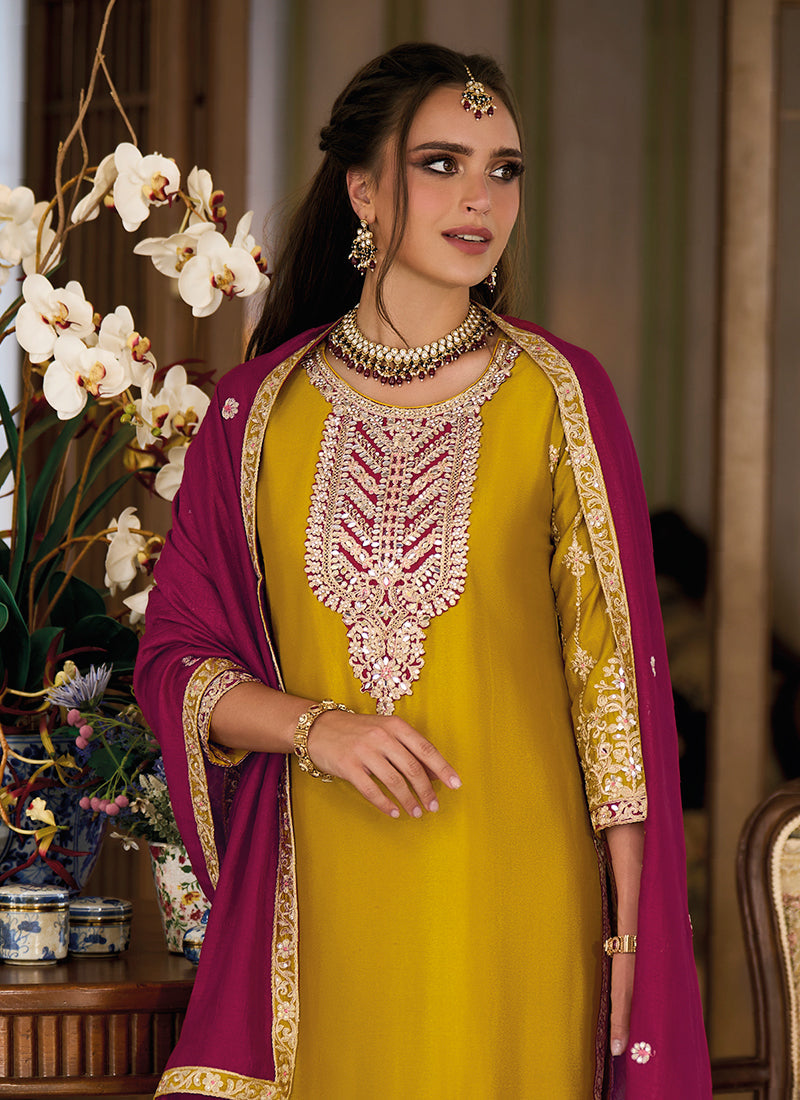 Yellow And Wine Designer Embroidery Salwar Kameez