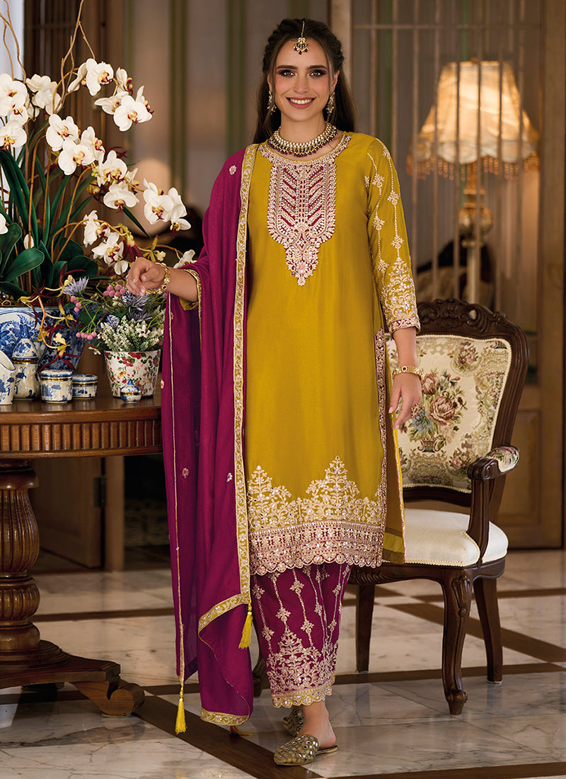 Yellow And Wine Designer Embroidery Salwar Kameez