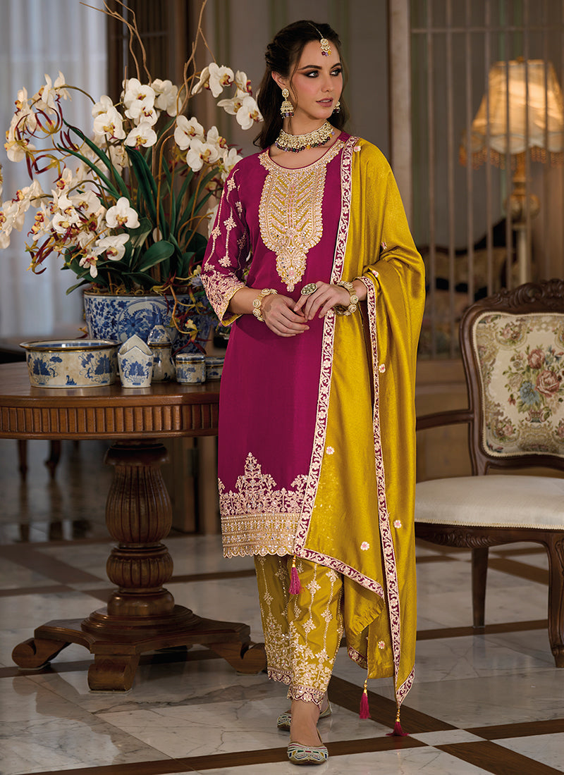 Wine And Yellow Designer Embroidery Salwar Kameez