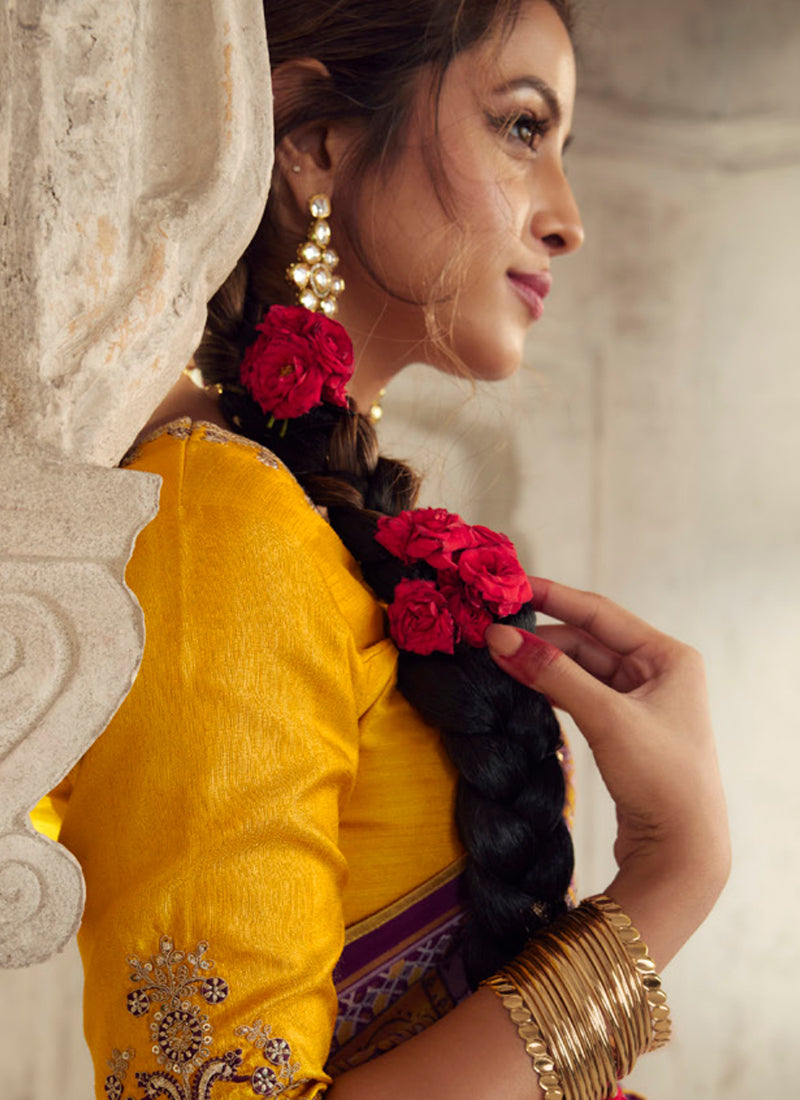 Purple And Yellow Traditional Embroidery Organza Silk Saree