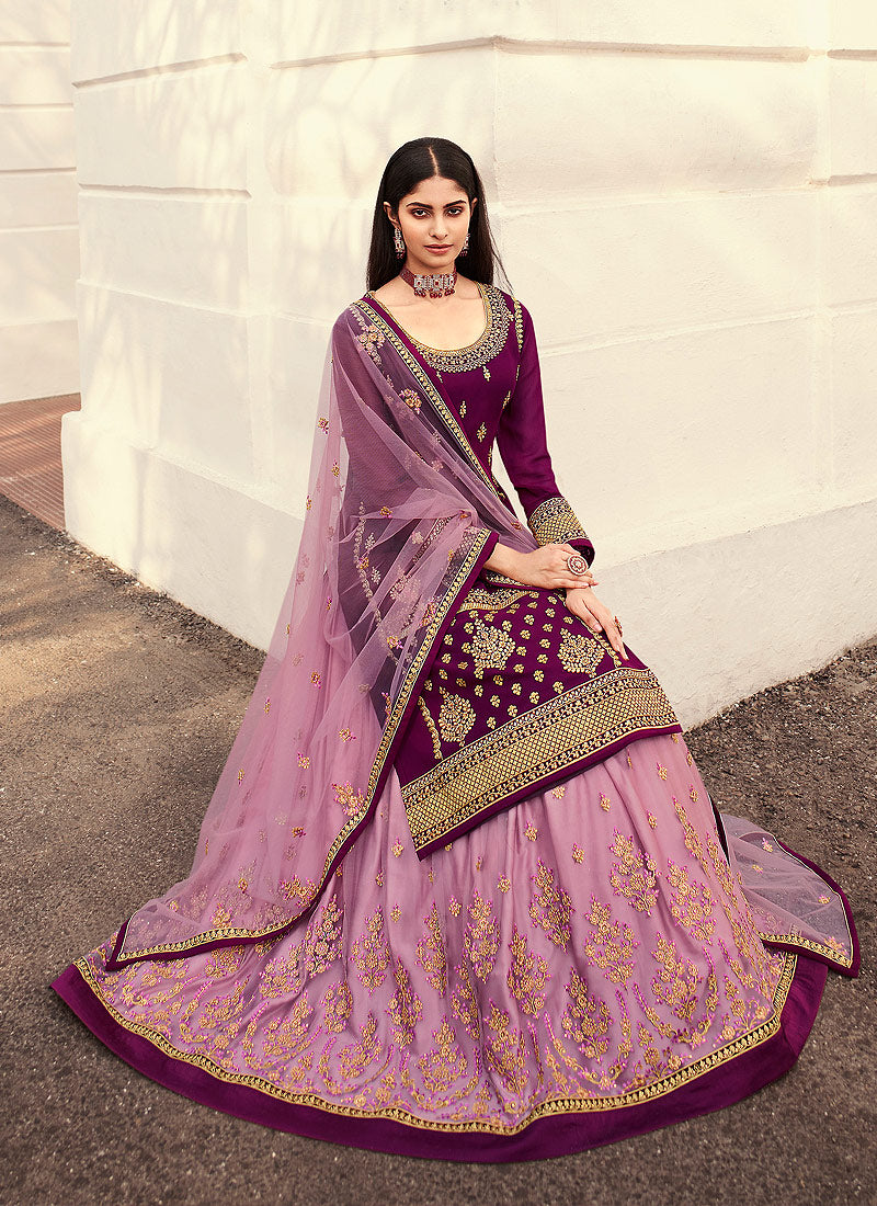 Purple Golden Zari Embroidered Indian Lehenga Suit