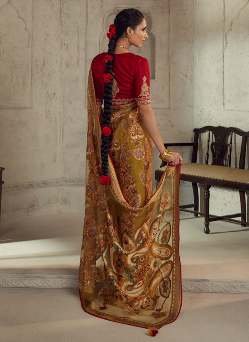 Mustard Yellow And Red Traditional Embroidery Organza Silk Saree