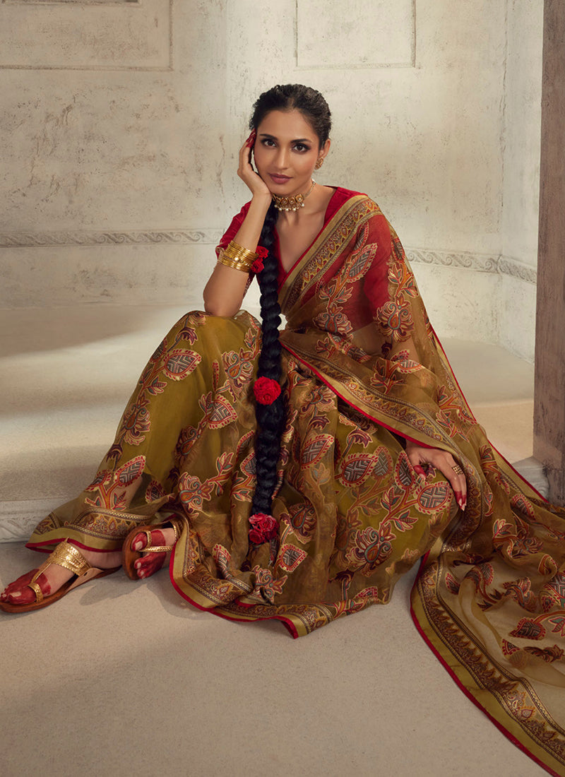 Mustard Yellow And Red Traditional Embroidery Organza Silk Saree