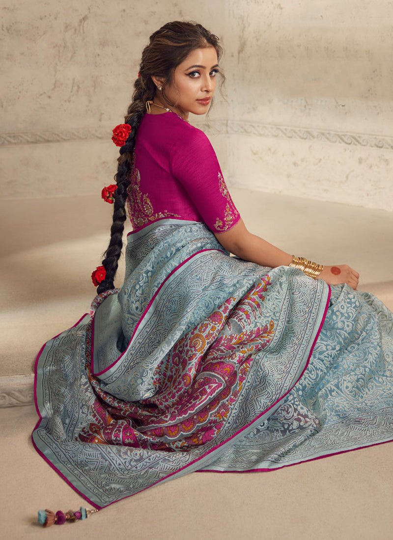 Blue And Pink Traditional Embroidery Organza Silk Saree