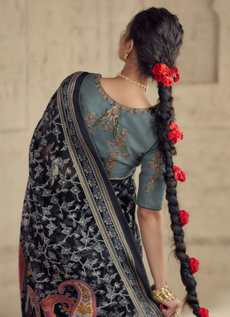 Black And Grey Traditional Embroidery Organza Silk Saree