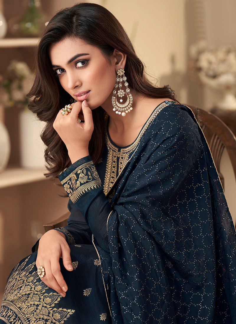 Navy Blue Embroidery Printed Jacquard Silk Pant Suit