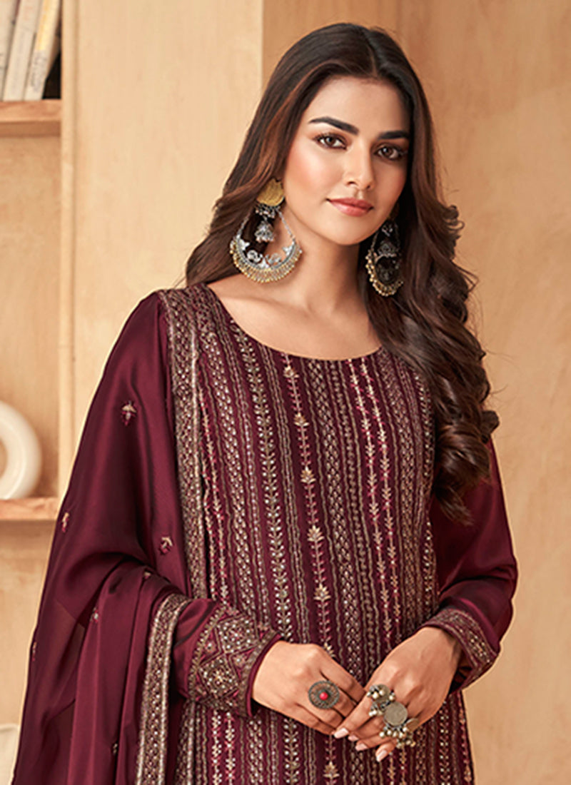 Maroon Sequence Embroidery Pant Style Suit