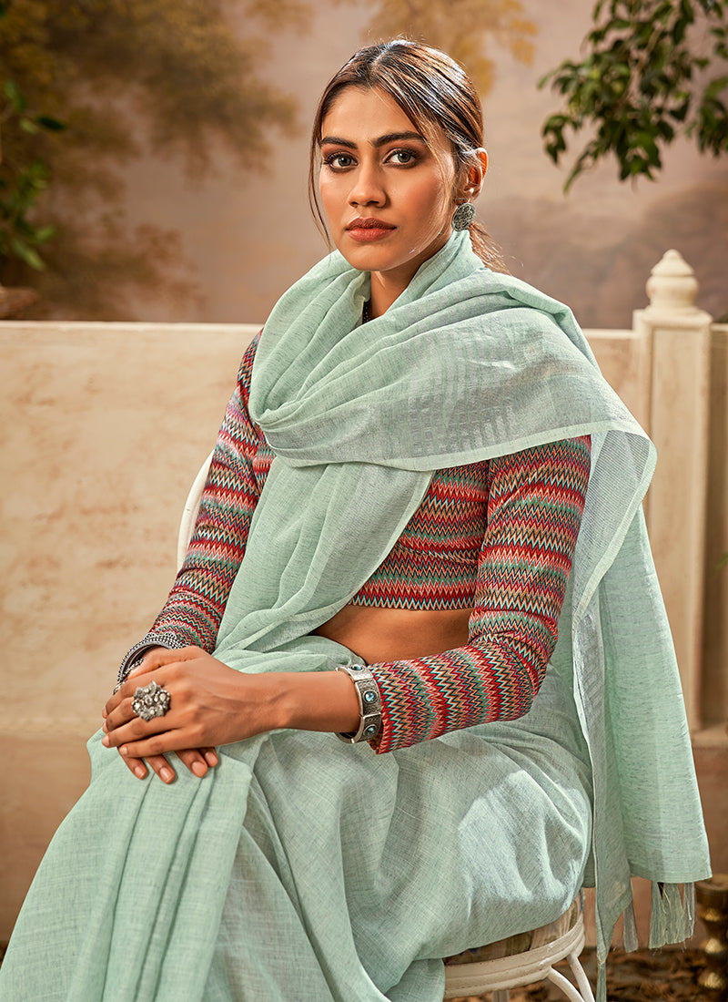 Green Handloom Khadi Saree With Digital Printed Blouse