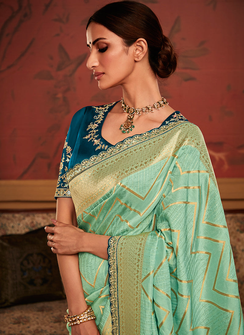 Sea Green And Blue Weaved Pure Dola Silk Saree