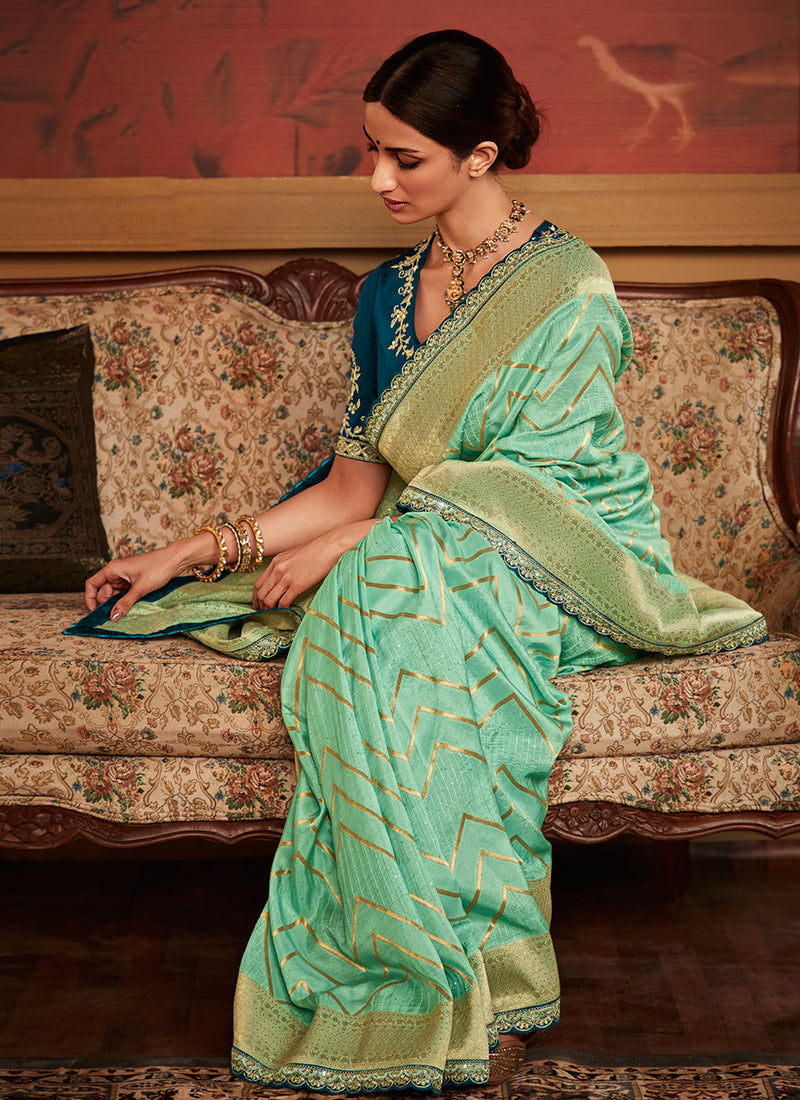 Sea Green And Blue Weaved Pure Dola Silk Saree