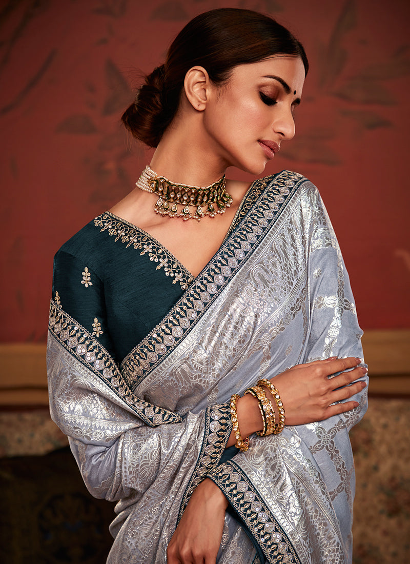 Greyish Blue Weaved Pure Dola Silk Saree