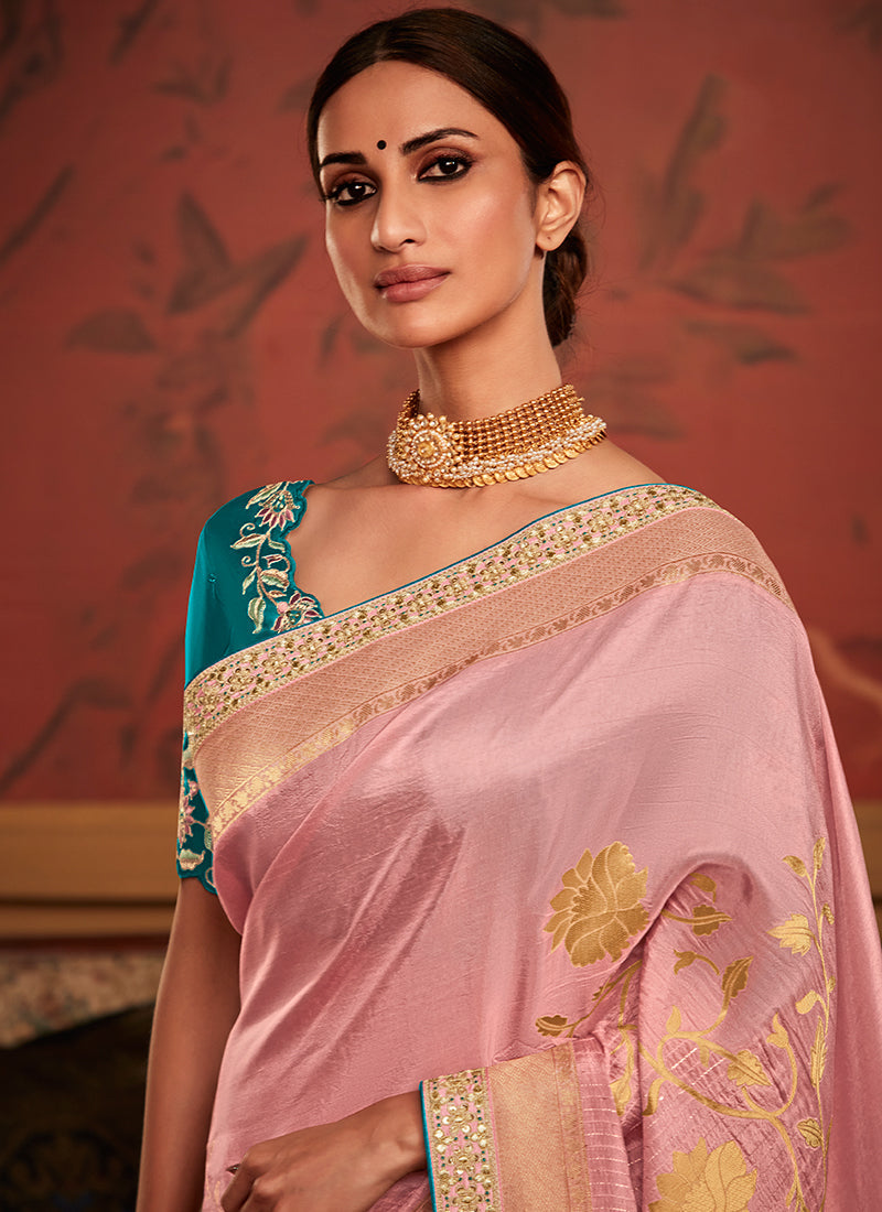 Pink And Turqoise Weaved Pure Dola Silk Saree