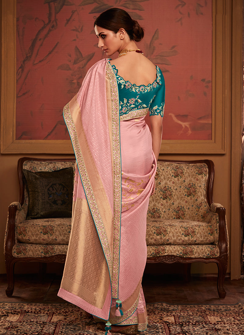 Pink And Turqoise Weaved Pure Dola Silk Saree