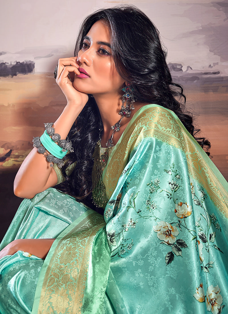 Sea Green Brocade Weaved Satin Silk Saree