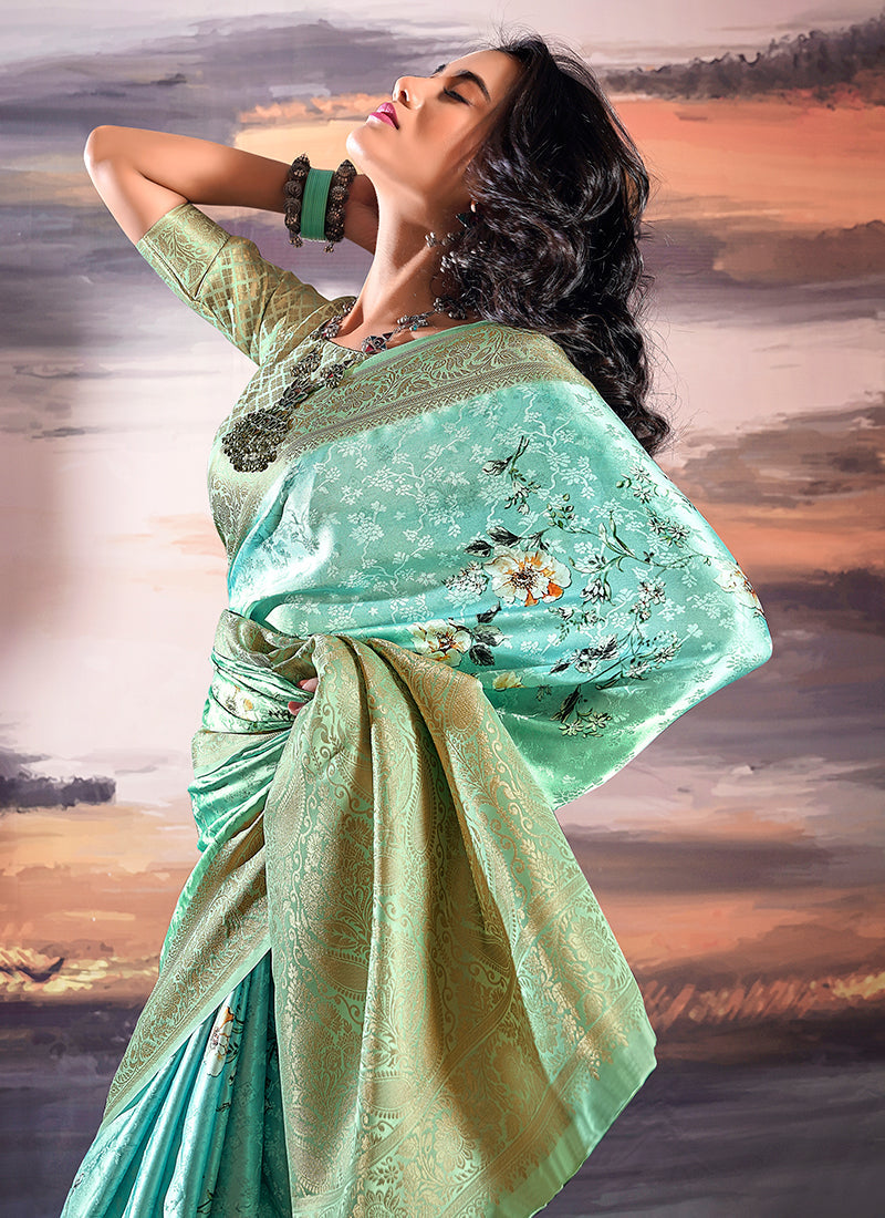 Sea Green Brocade Weaved Satin Silk Saree