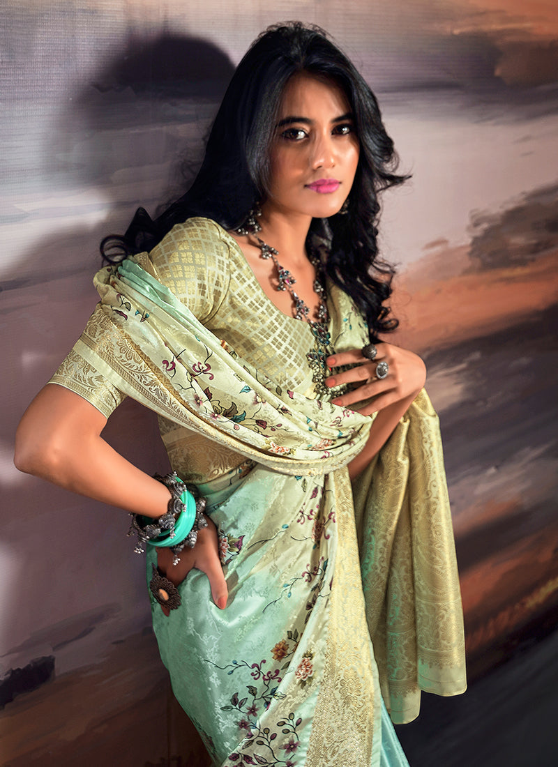 Yellow And Teal Brocade Weaved Satin Silk Saree