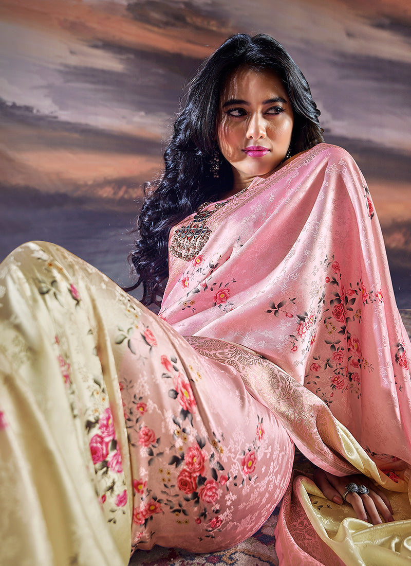 Pink And Yellow Brocade Weaved Satin Silk Saree