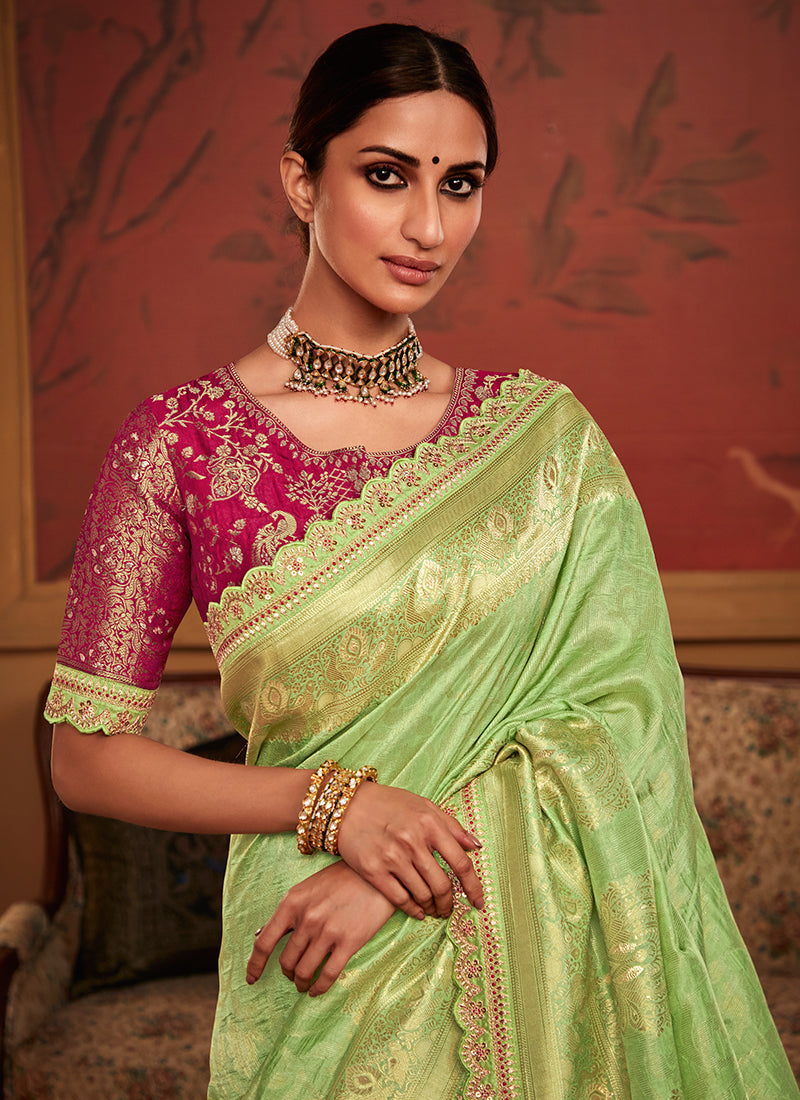 Green And Pink Weaved Pure Dola Silk Saree