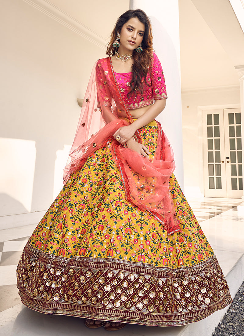 Yellow And Pink Embroidery Festive Lehenga Choli