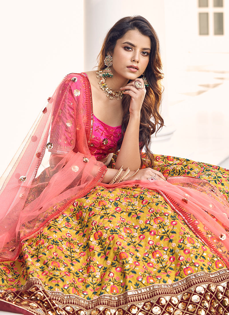 Yellow And Pink Embroidery Festive Lehenga Choli