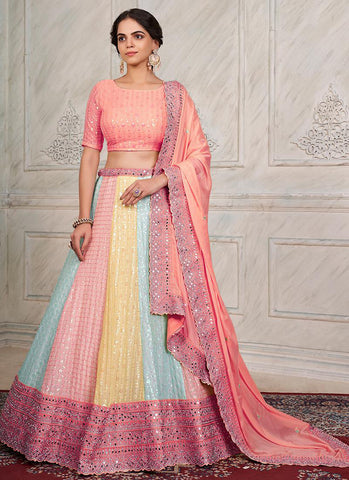 Peach Multi Sequence Embroidery Wedding Lehenga Choli