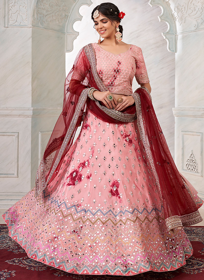 Pink Multicoloured Mirror Work Embroidery Lehenga Choli