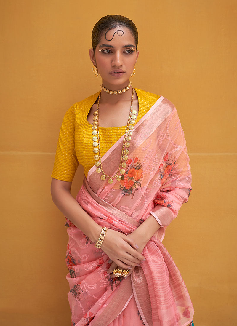 Pink And Yellow Floral Organza Silk Saree With Sequence Embroidered Blouse