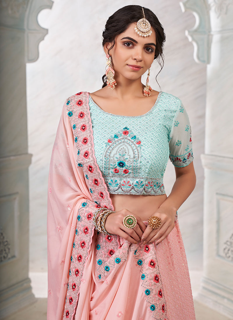 Teal And Pink Sequence Embroidery Wedding Lehenga Choli