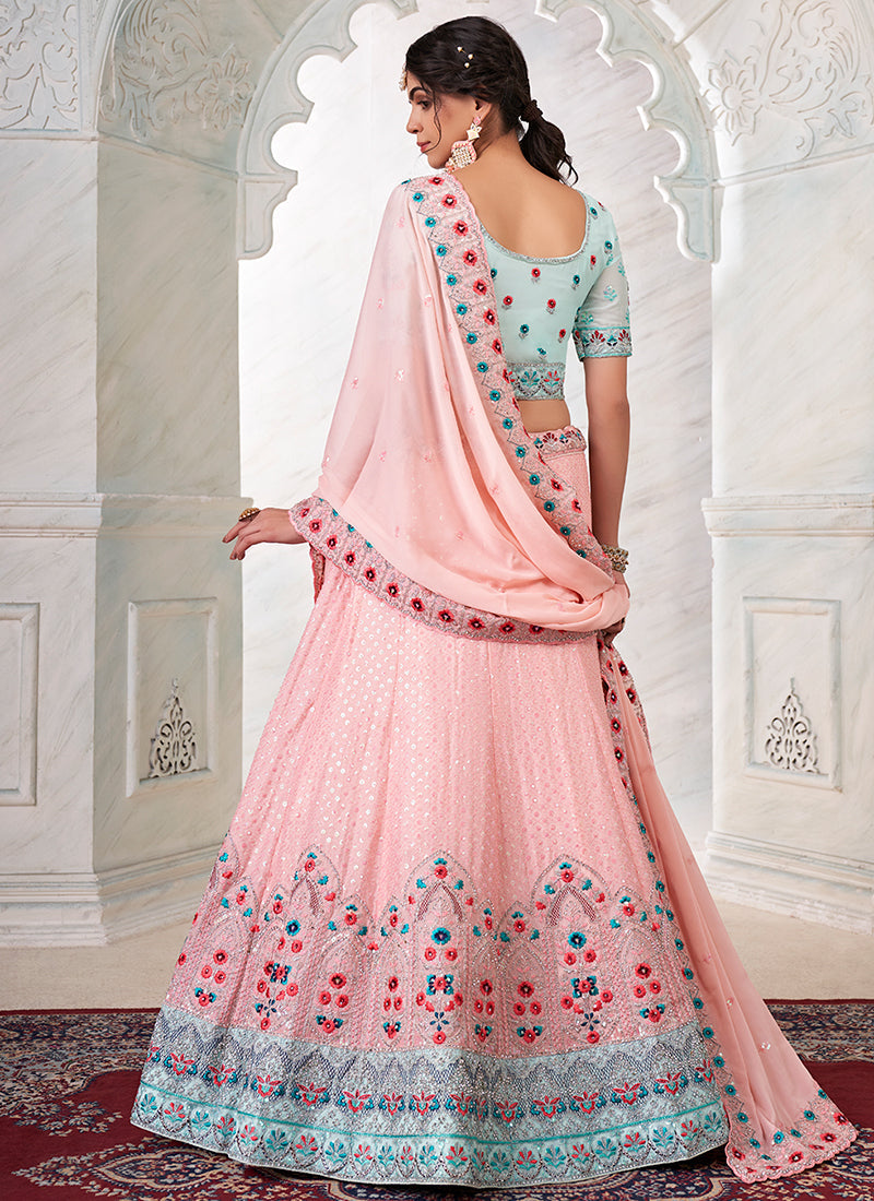 Teal And Pink Sequence Embroidery Wedding Lehenga Choli