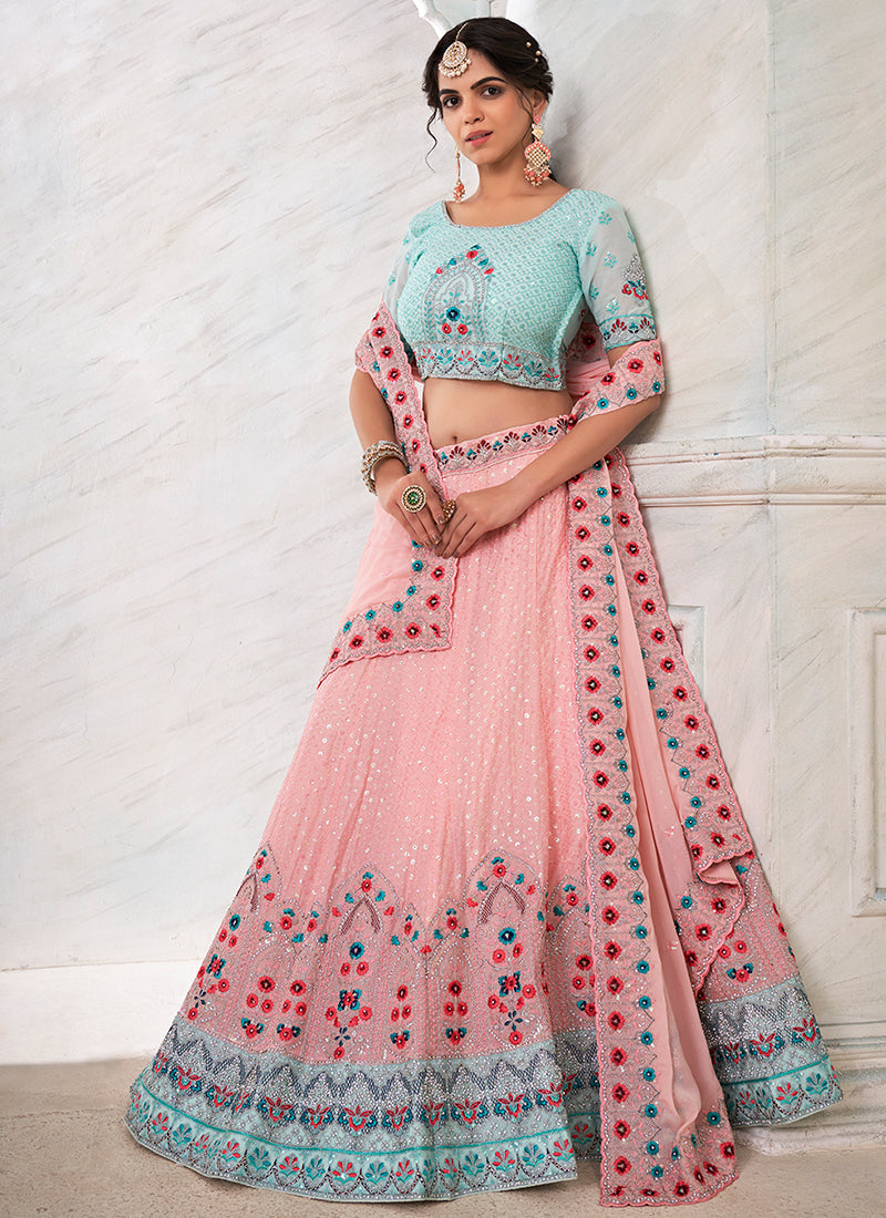 Teal And Pink Sequence Embroidery Wedding Lehenga Choli