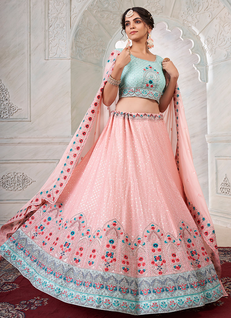 Teal And Pink Sequence Embroidery Wedding Lehenga Choli