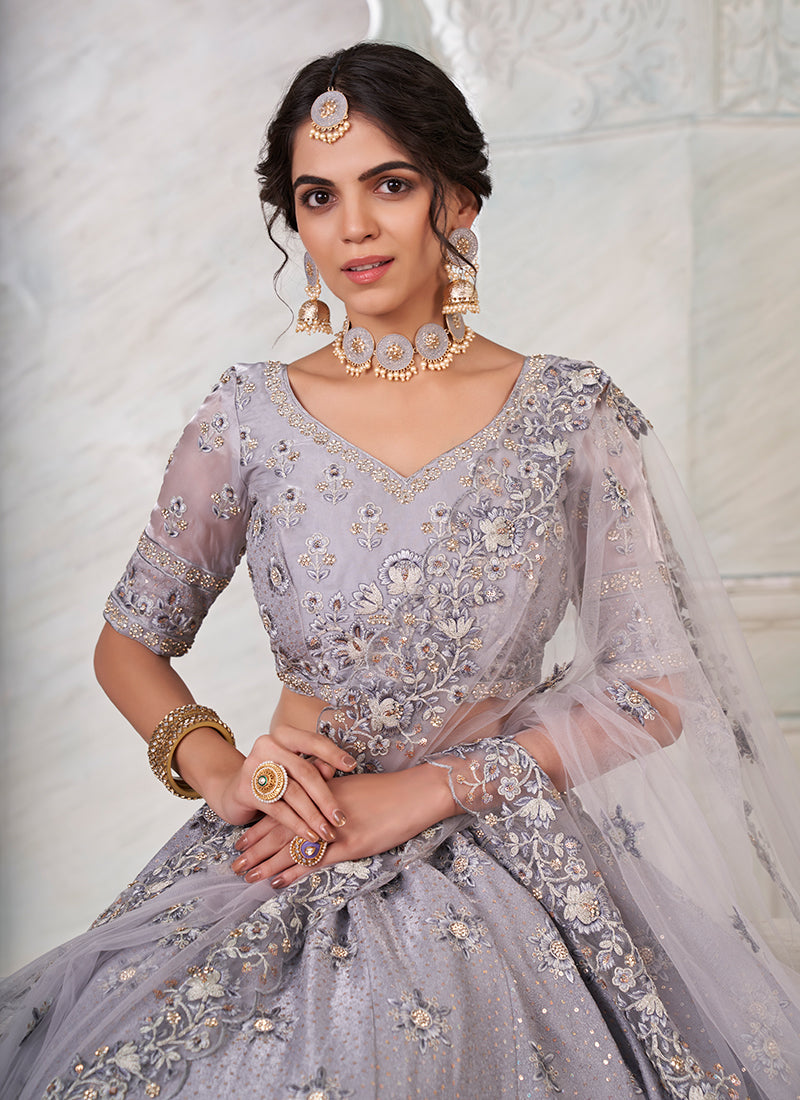 Grey Sequence Embroidery Wedding Lehenga Choli