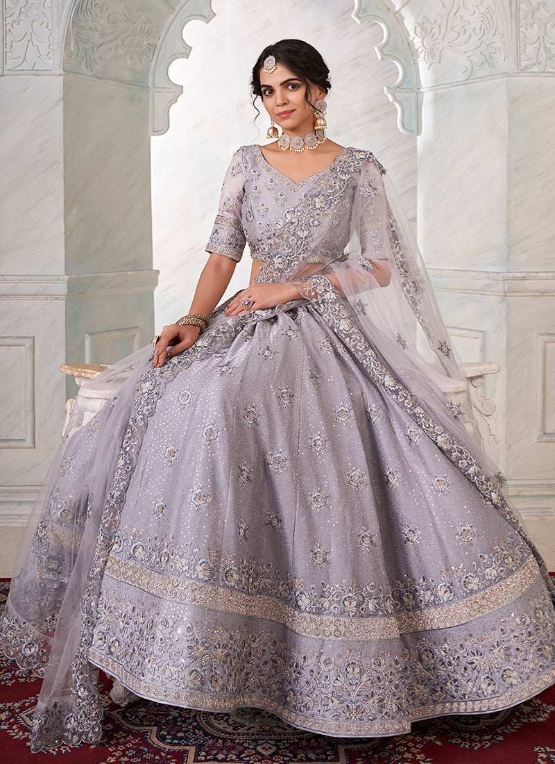 Grey Sequence Embroidery Wedding Lehenga Choli