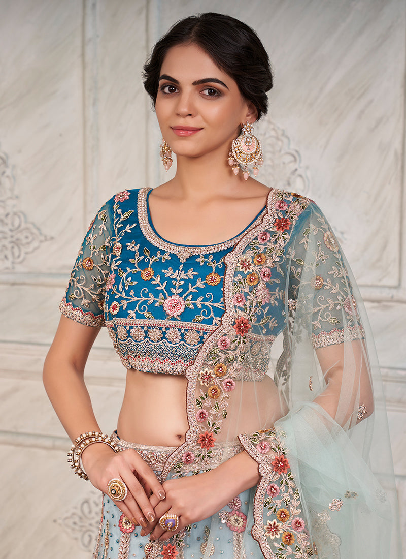 Turquoise Ombré Multi Embroidery Wedding Lehenga Choli