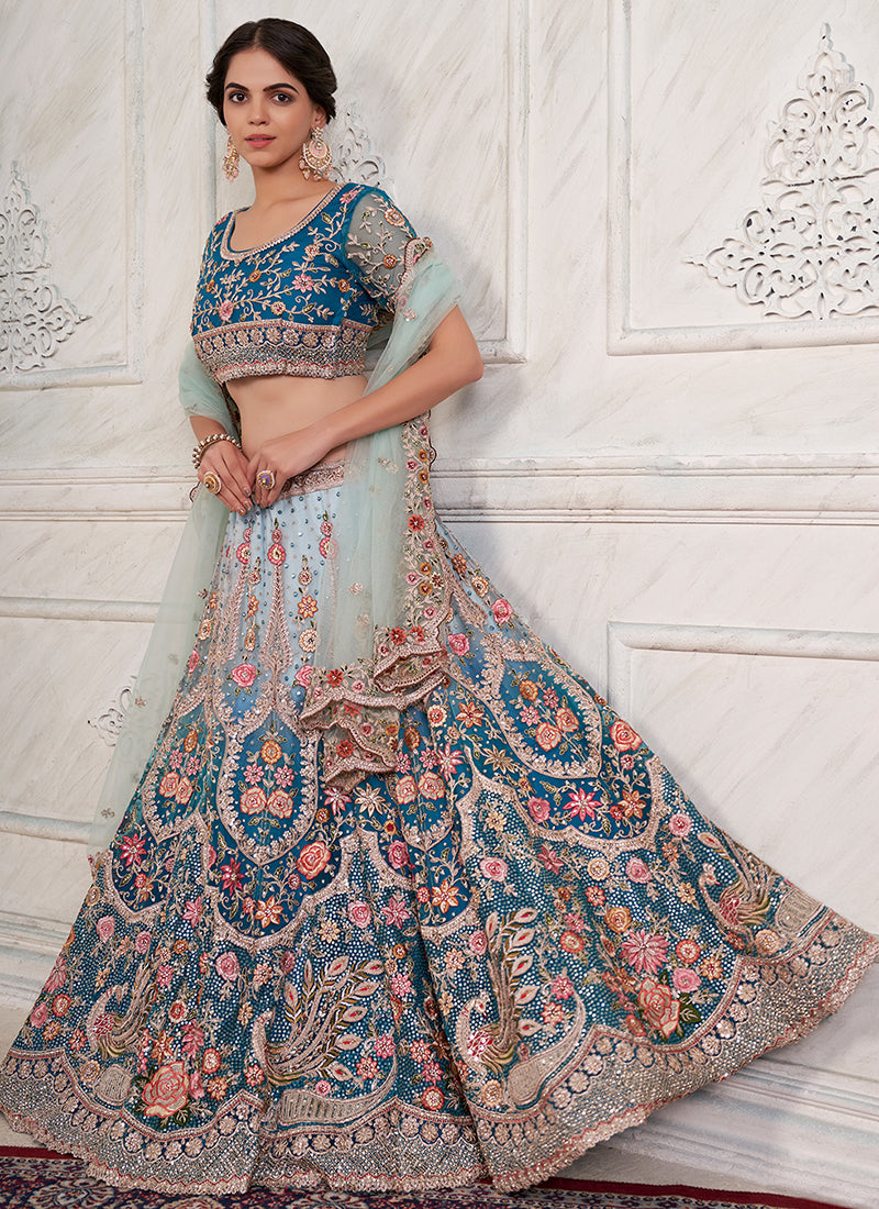 Turquoise Ombré Multi Embroidery Wedding Lehenga Choli