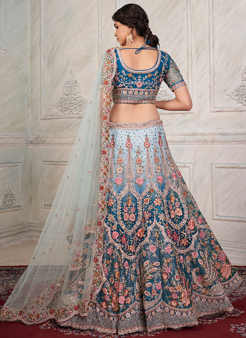 Turquoise Ombré Multi Embroidery Wedding Lehenga Choli