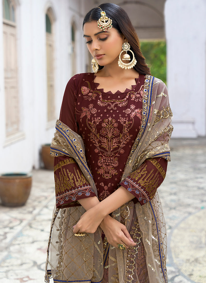 Maroon Multi Embroidery Pakistani Pant Style Suit