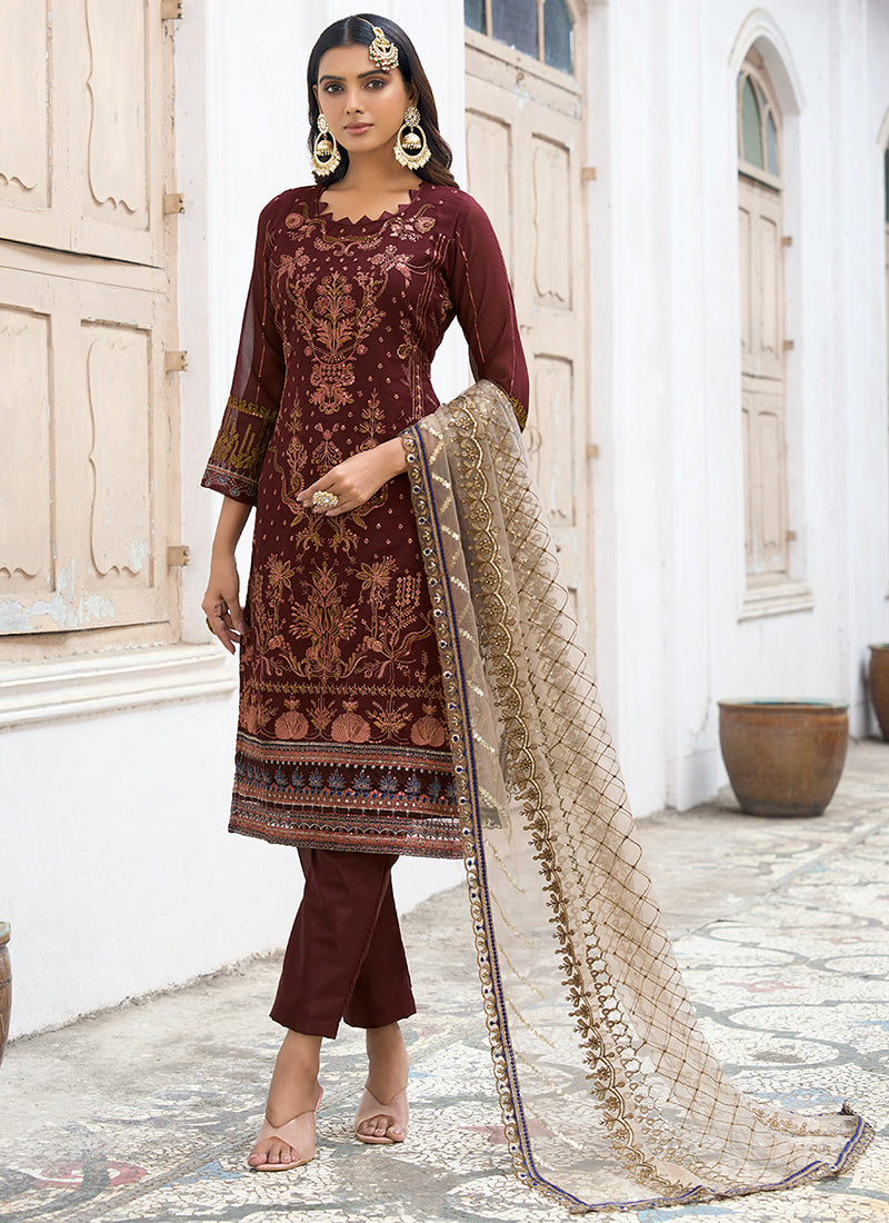 Maroon Multi Embroidery Pakistani Pant Style Suit