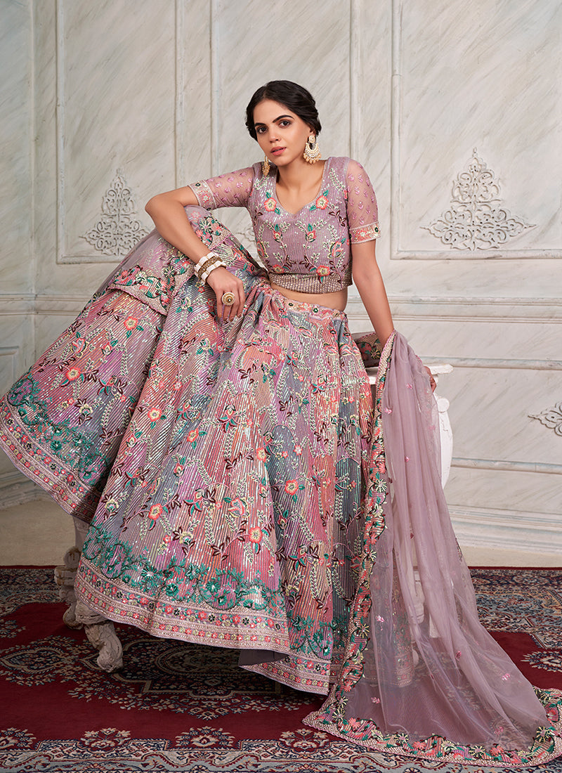 Mauve Multicoloured Sequence Embroidery Wedding Lehenga Choli