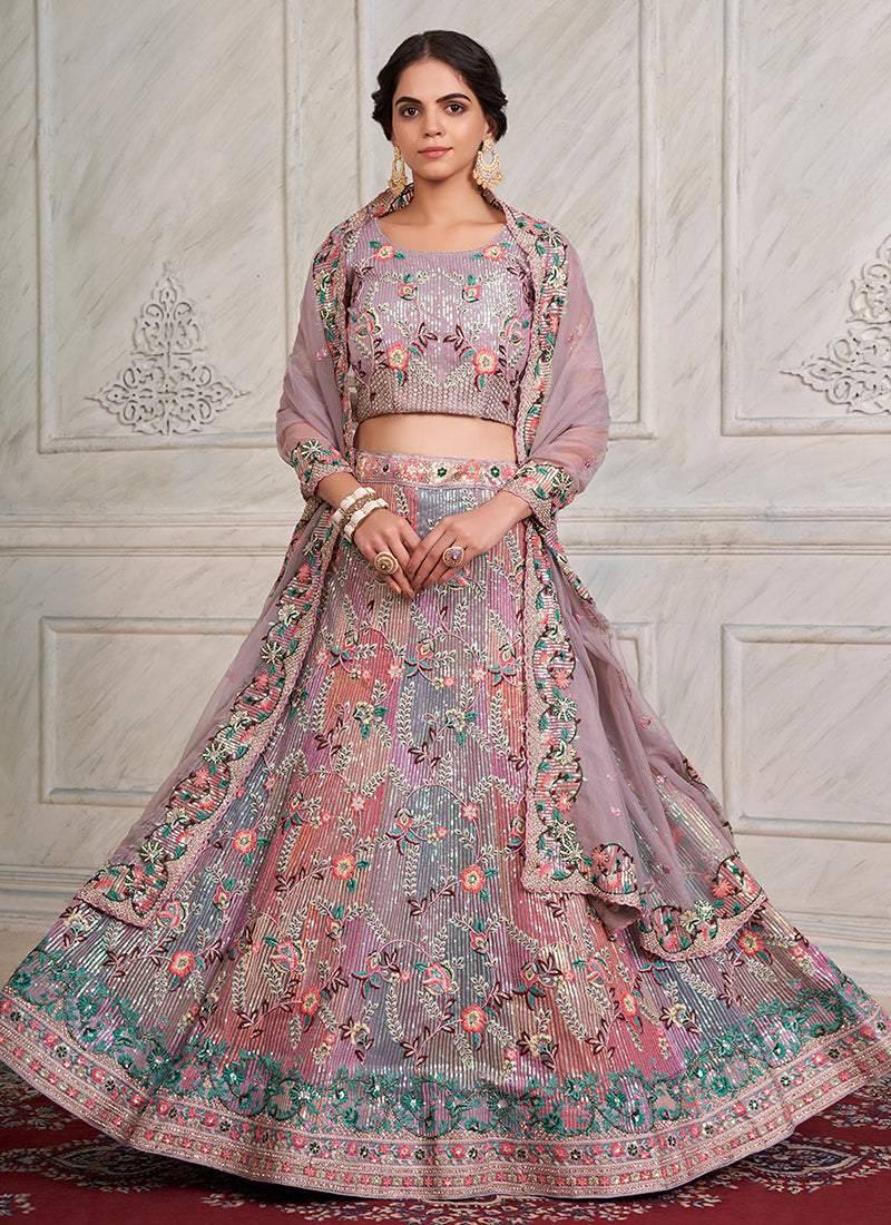 Mauve Multicoloured Sequence Embroidery Wedding Lehenga Choli