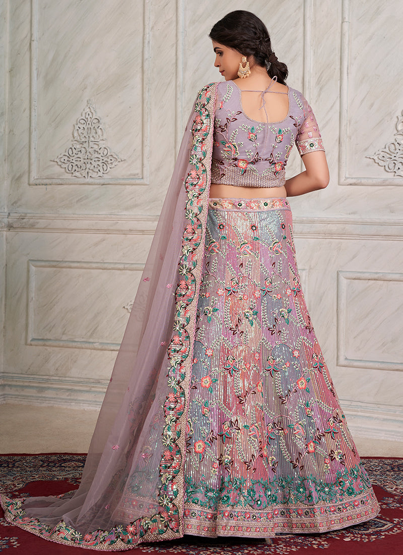 Mauve Multicoloured Sequence Embroidery Wedding Lehenga Choli