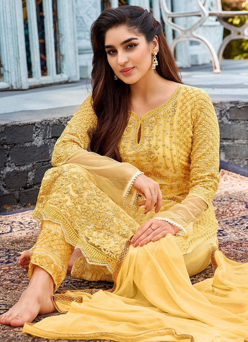 Yellow Pearl Embroidery Pakistani Pant Suit