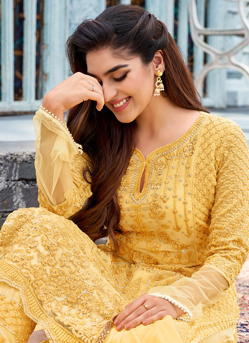 Yellow Pearl Embroidery Pakistani Pant Suit