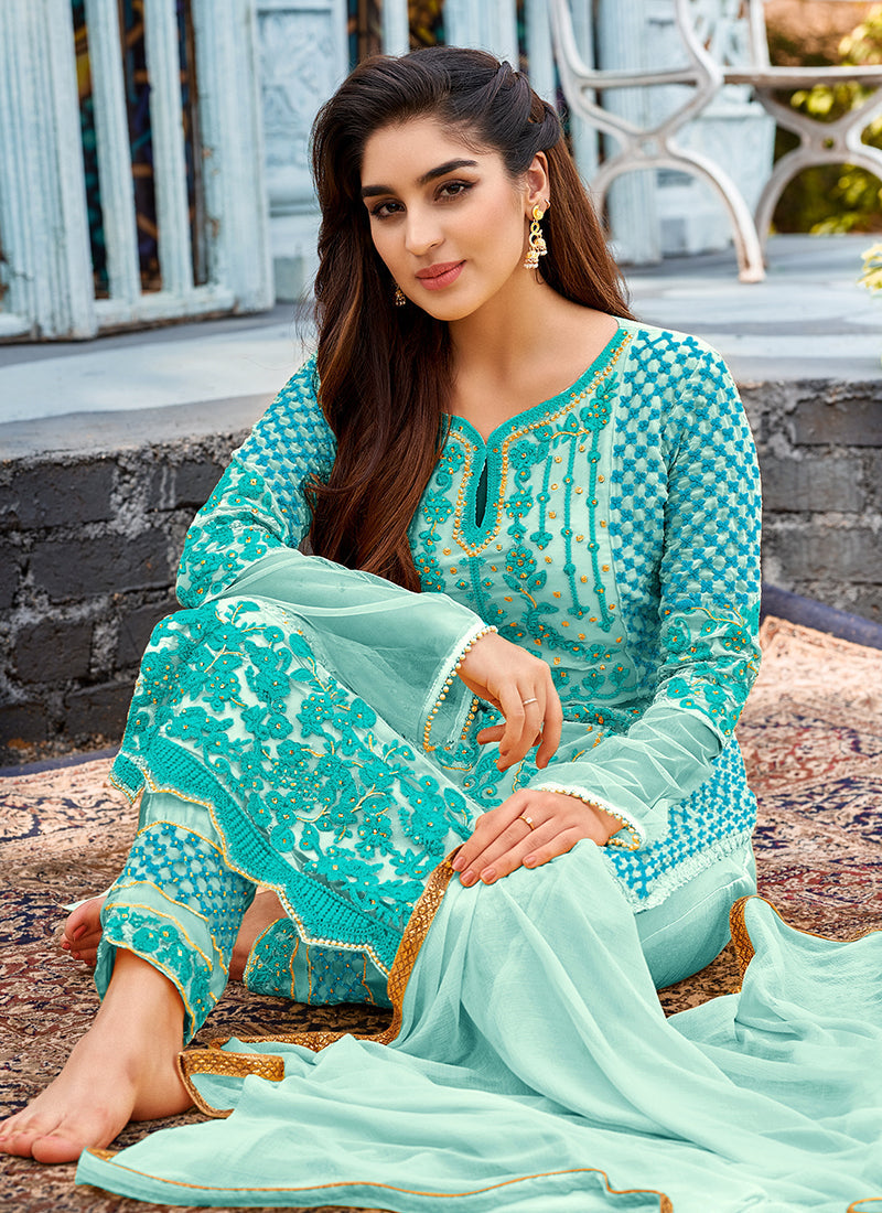 Sky Blue Pearl Embroidery Pakistani Pant Suit