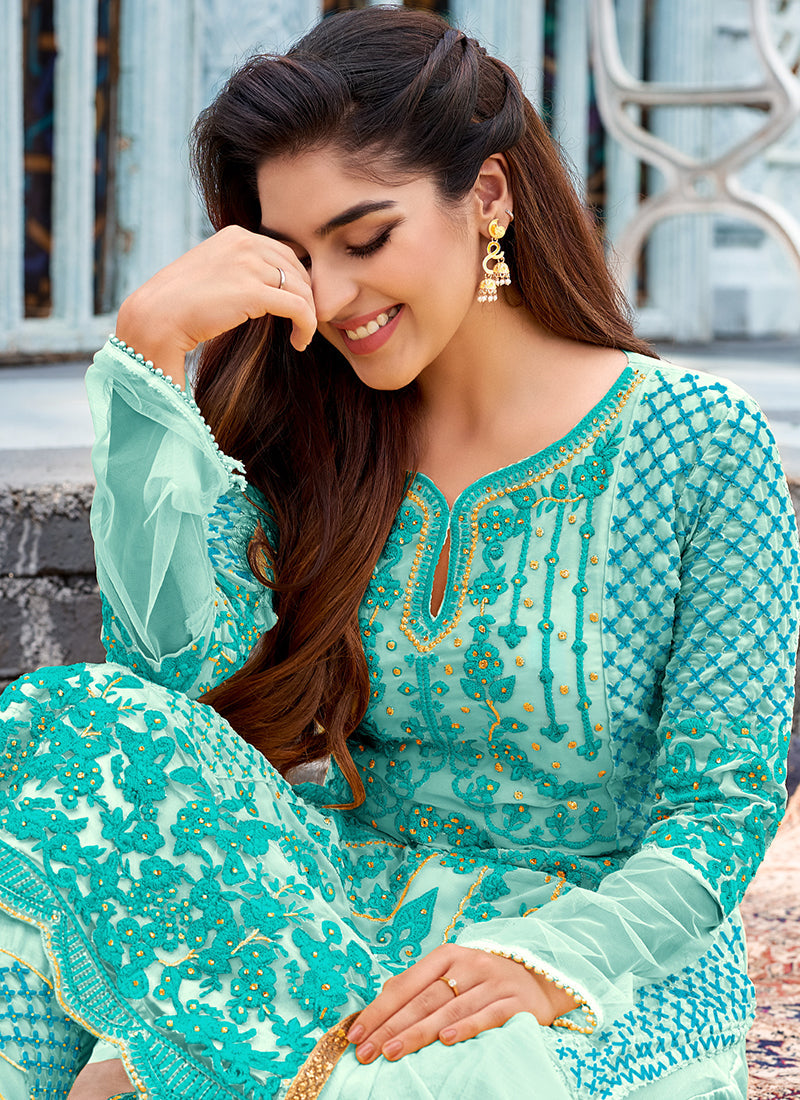 Sky Blue Pearl Embroidery Pakistani Pant Suit